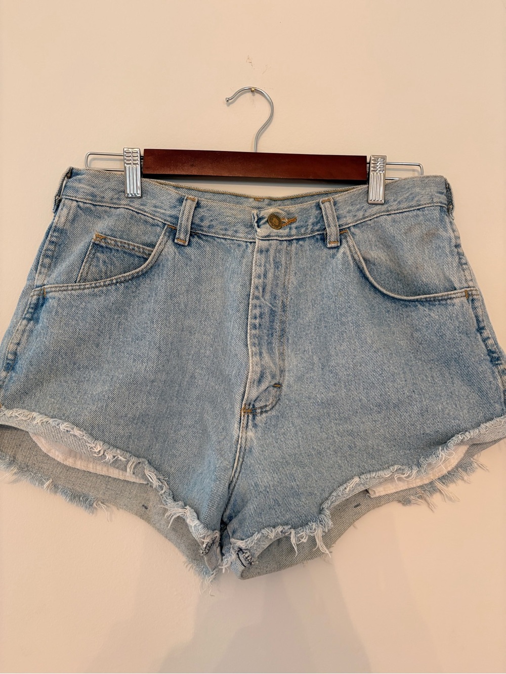 Wrangler Light Blue High-Rise Frayed Hem Jean Shorts